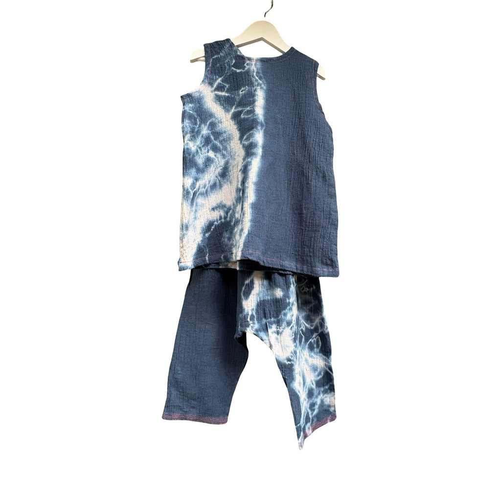 indigo trouser suit in tie-dye cotton and jute