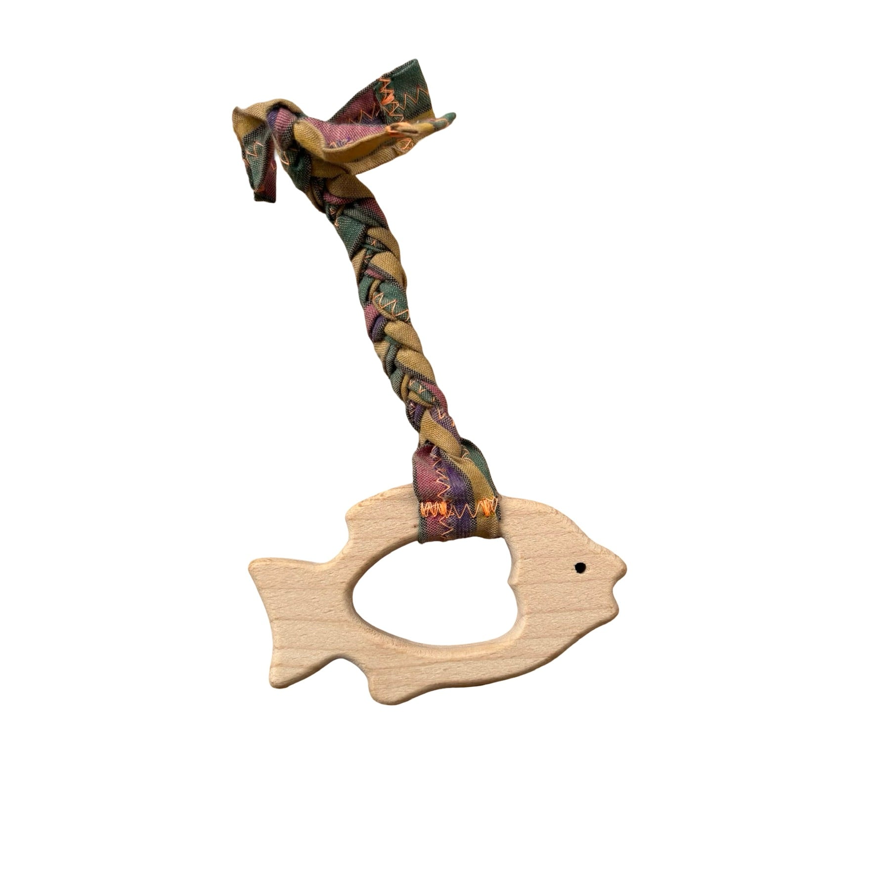 teething toy with plaited fabric fiddley bits