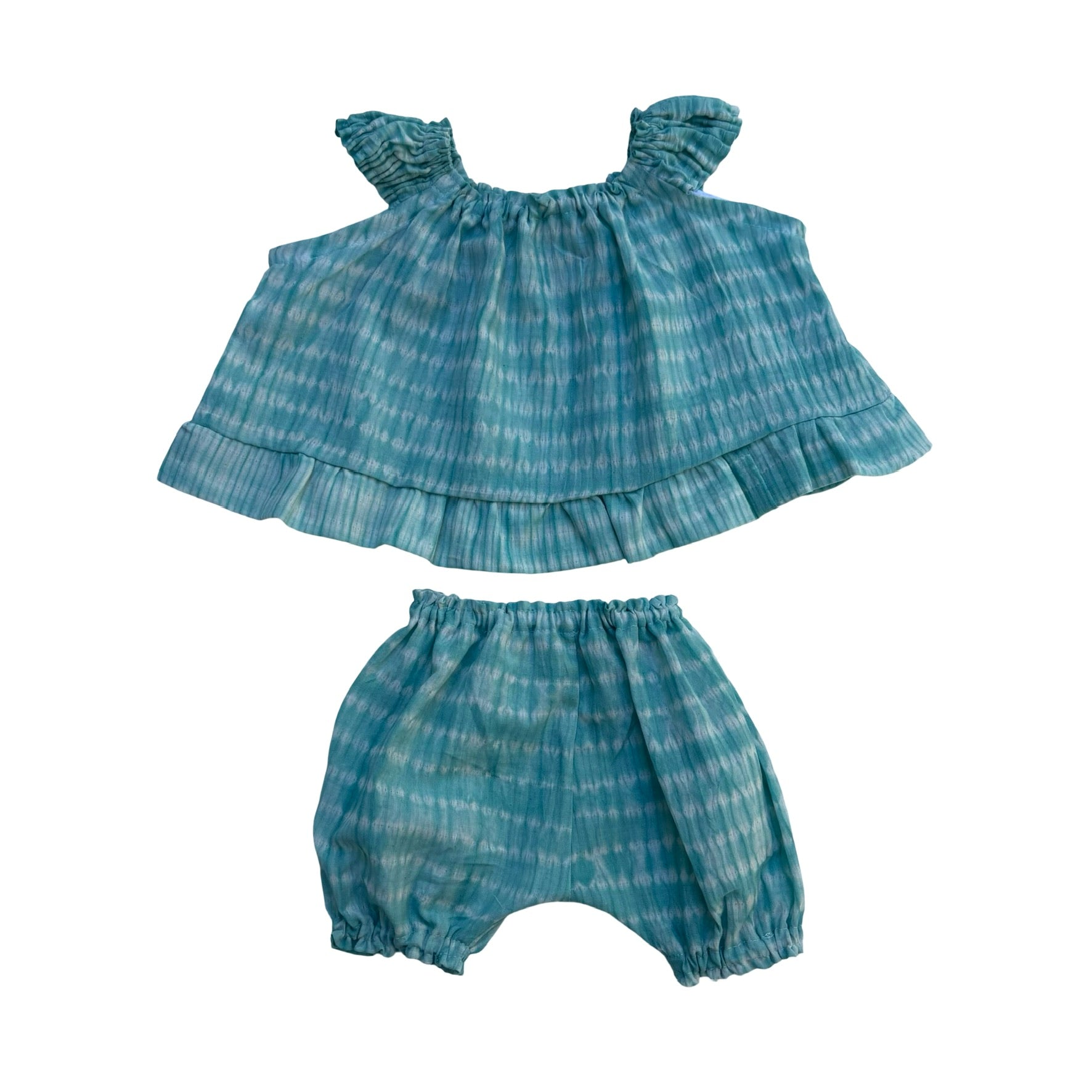 aqua shibori frill dress and pant set