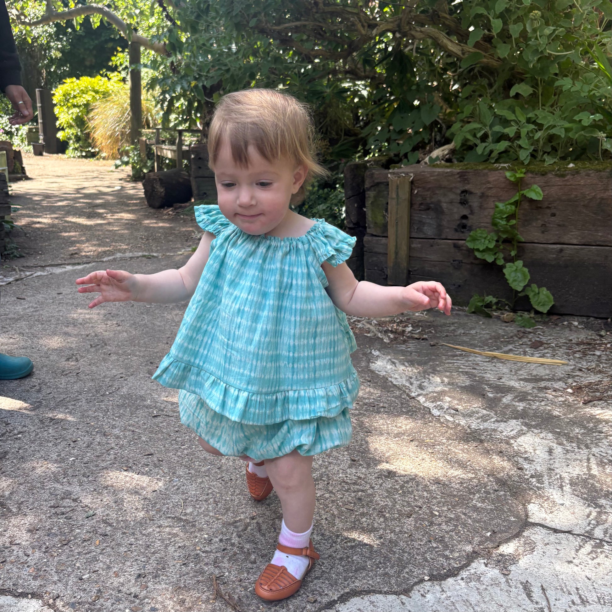 aqua shibori frill dress and pant set