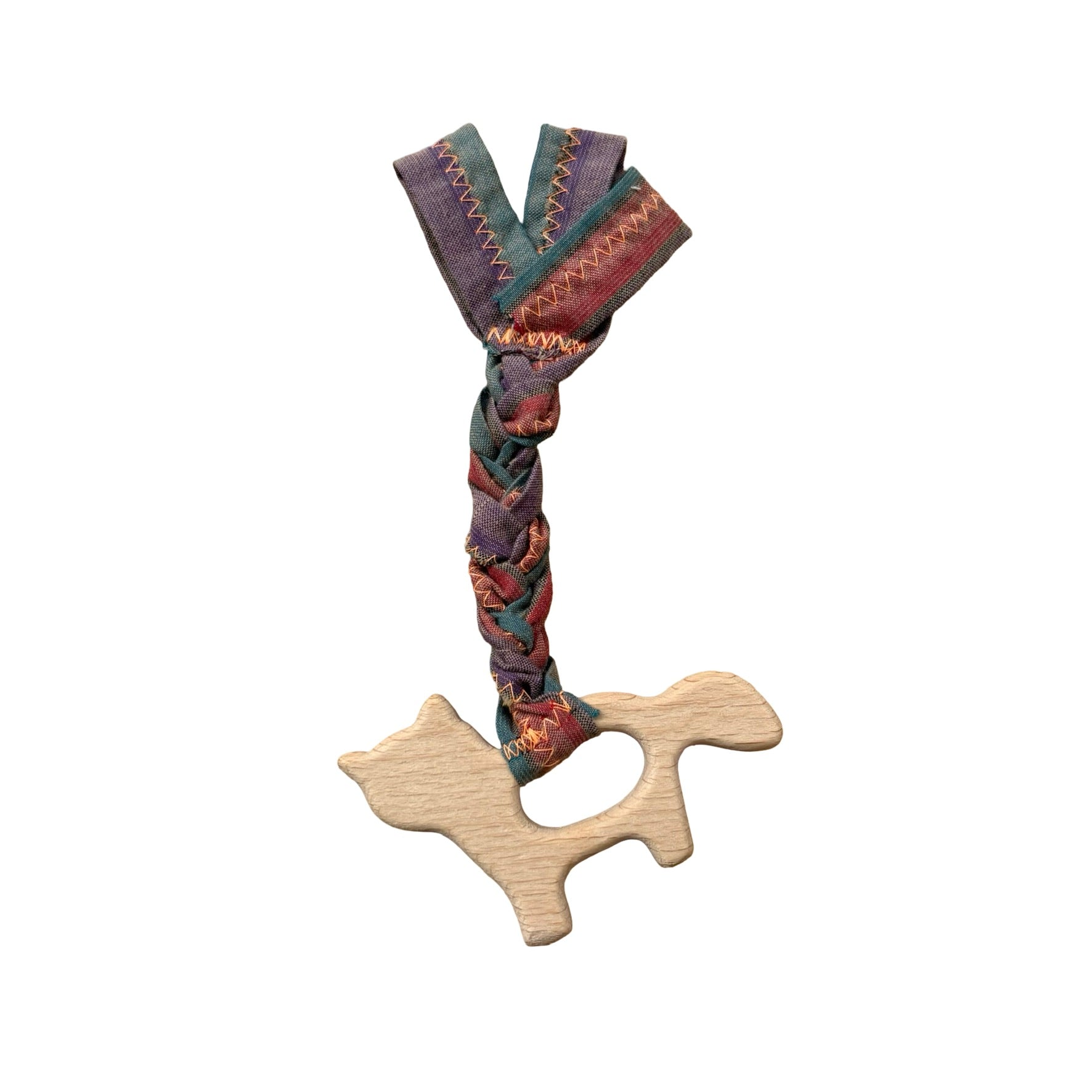 teething toy with plaited fabric fiddley bits