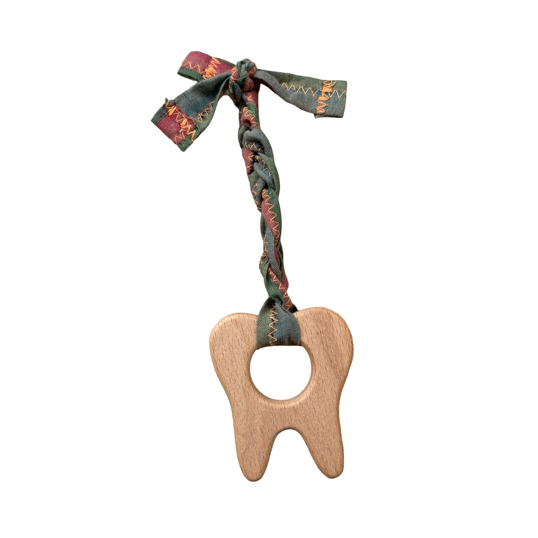 teething toy with plaited fabric fiddley bits