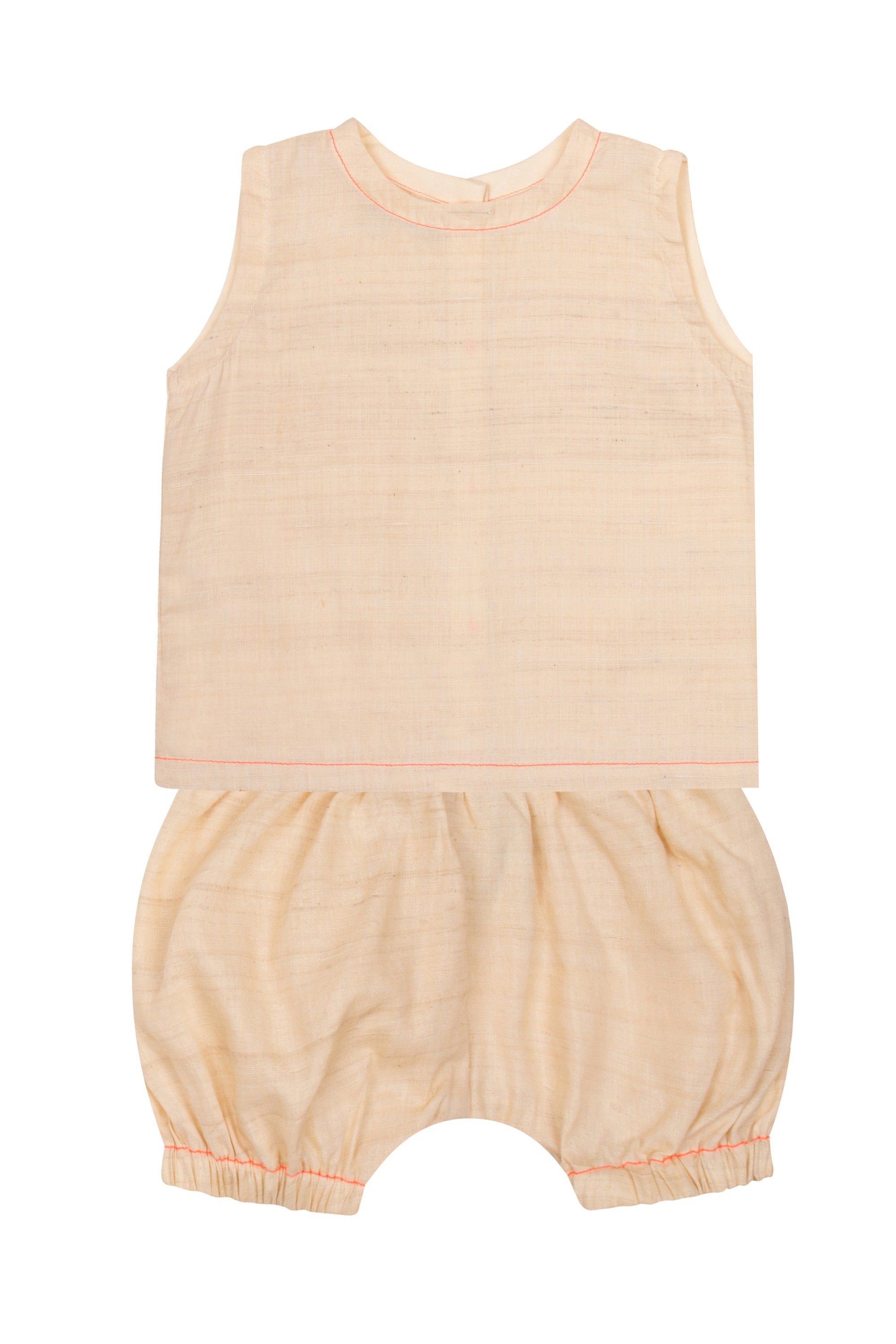 silk cotton handloom vest and pants set with neon stitching detail and buttons at the back.  perfect beachwear for baby