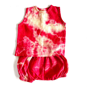 red tie dye vest and pants set for baby.  made from silk and cotton in London England
