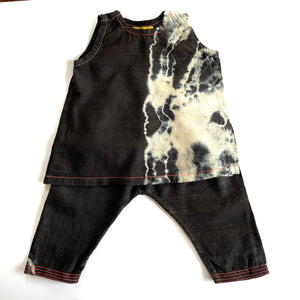 black tie-dye silk/ cotton baby dress and trouser set